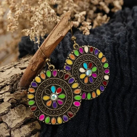3/$35 Ethnic Dangle Drop Fashion Earrings Antique Gold Round Colourful Stones - Picture 3 of 7